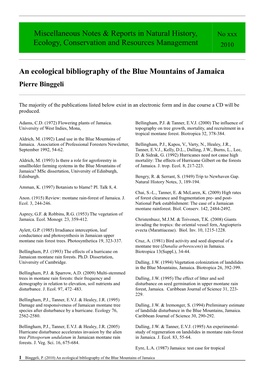 An Ecological Bibliography of the Blue Mountains of Jamaica Pierre Binggeli