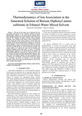 Thermodynamics of Ion Association in the Saturated Solution of Barium Diphenyl Amine Sulfonate in Ethanol-Water Mixed Solvent Elsayed M