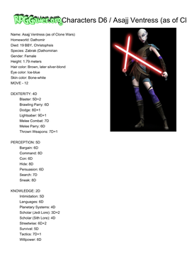 Rpggamer.Org (Characters D6 / Asajj Ventress (As of Clone Wars)) Printer