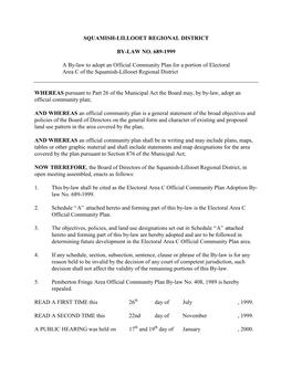 Squamish-Lillooet Regional District By-Law No. 689-1999 A