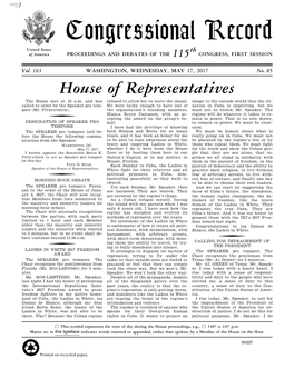 Congressional Record United States Th of America PROCEEDINGS and DEBATES of the 115 CONGRESS, FIRST SESSION