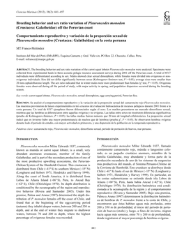 Breeding Behavior and Sex Ratio Variation of Pleuroncodes Monodon (Crustacea: Galatheidae) Off the Peruvian Coast