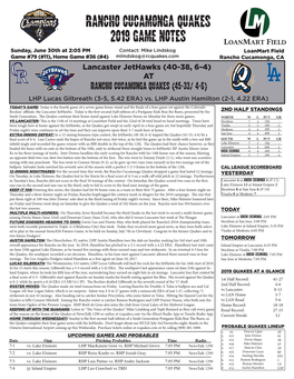 Rancho Cucamonga Quakes 2019 Game Notes