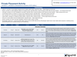 Private Placement Activity Chris Hastings | Chastings@Signalhill.Com | 917-621-3750 8/14/2017 – 8/18/2017 (Transactions in Excess of $15 Million) Commentary