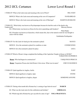 2012 IJCL Certamen Lower Level Round 1