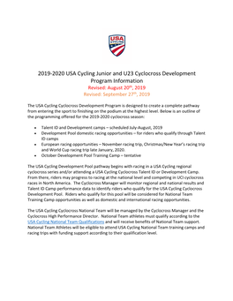 2019-2020 USA Cycling Junior and U23 Cyclocross Development Program Information Revised: August 20Th, 2019 Revised: September 27Th, 2019