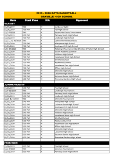 Date Start Time H/A Opponent 2019