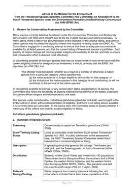 Tetratheca Glandulosa (Glandular Pink-Bell), Was Brought to the EPBC Act List in 2000, Without Documentation of Eligibility, and There Is No Listing Advice Available