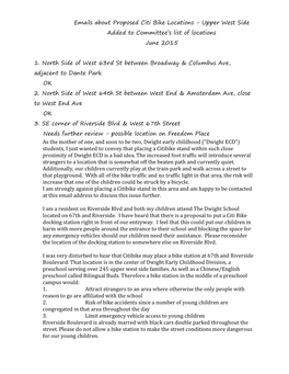 Emails About Proposed Citi Bike Locations - Upper West Side Added to Committee’S List of Locations June 2015