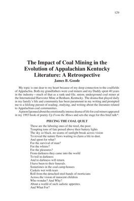 The Impact of Coal Mining in the Evolution of Appalachian Kentucky Literature: a Retrospective James B