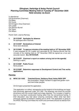 Ellingham, Harbridge & Ibsley Parish Council Planning Committee Meeting Held on Tuesday 8Th December 2020 Held Remotely