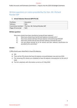 Written Questions on Notice Provided by the Hon. Mr. Richard Riordan MP