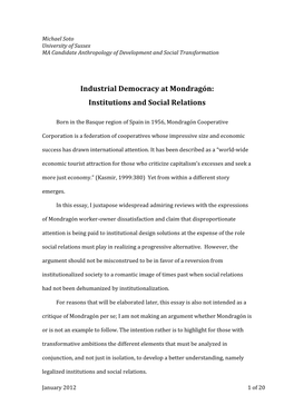 Industrial Democracy at Mondragón: Institutions and Social Relations