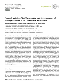 Seasonal Variation of Caco3 Saturation State in Bottom Water of a Biological Hotspot in the Chukchi Sea, Arctic Ocean