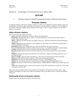 OUTLINE Thematic Relation Major Thematic Relations Relationship Of