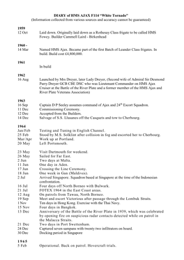 DIARY of HMS AJAX F114 “White Tornado” (Information Collected from Various Sources and Accuracy Cannot Be Guaranteed) 1959 1