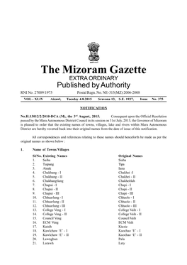 The Mizoram Gazette EXTRA ORDINARY Published by Authority RNI No