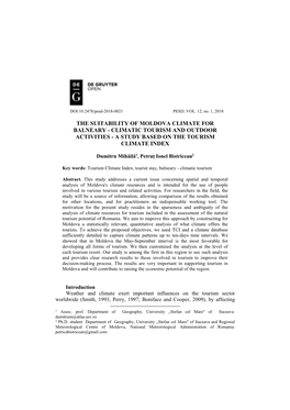 The Suitability of Moldova Climate for Balneary - Climatic Tourism and Outdoor Activities - a Study Based on the Tourism Climate Index