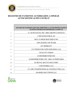 Registro De Patronos Autorizados a Operar Autocertificación Covid-19