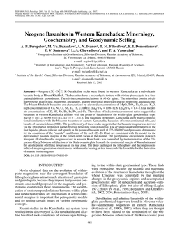 Neogene Basanites in Western Kamchatka: Mineralogy, Geochemistry, and Geodynamic Setting A