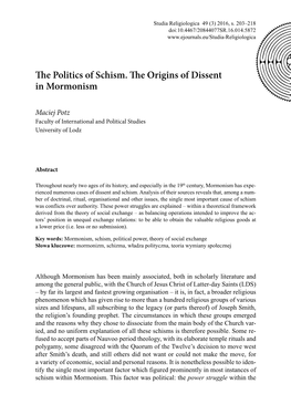 The Politics of Schism. the Origins of Dissent in Mormonism