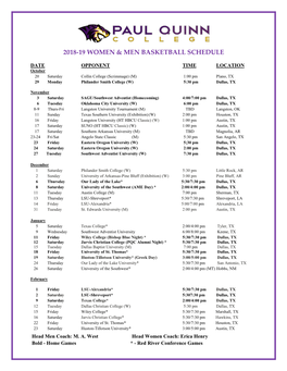 2018-19 Women & Men Basketball Schedule