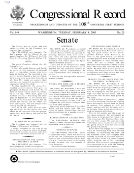 Congressional Record United States Th of America PROCEEDINGS and DEBATES of the 108 CONGRESS, FIRST SESSION