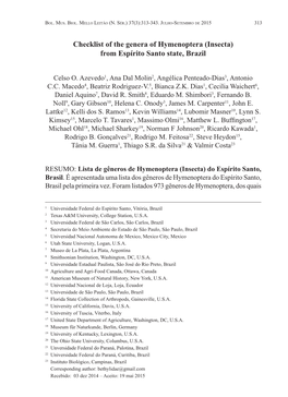 Checklist of the Genera of Hymenoptera (Insecta) from Espírito Santo State, Brazil