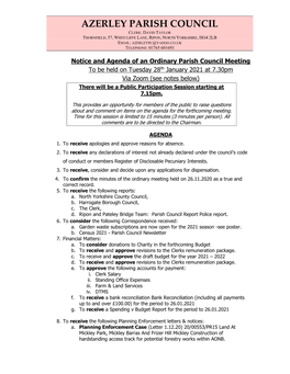 Azerley Parish Council Clerk: David Taylor Thornfield, 57, Whitcliffe Lane, Ripon, North Yorkshire, Hg4 2Lb Email: Azerleypc@Yahoo.Co.Uk Telephone: 01765 601693