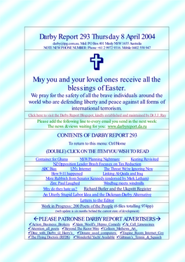 Darby Report 293 Thursday 8 April 2004 May You and Your Loved Ones Receive All the Blessings of Easter