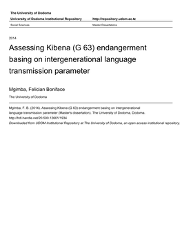 Assessing Kibena (G 63) Endangerment Basing on Intergenerational Language Transmission Parameter