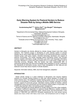 Early Warning System for Pastoral Herders to Reduce Disaster Risk by Using a Mobile SMS Service