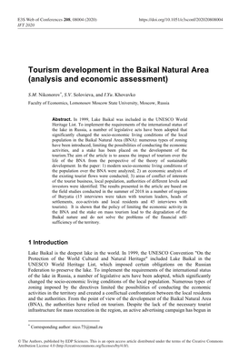 Tourism Development in the Baikal Natural Area (Analysis and Economic Assessment)