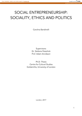 Social Entrepreneurship: Sociality, Ethics and Politics