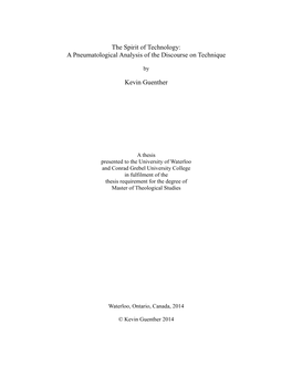 The Spirit of Technology: a Pneumatological Analysis of the Discourse on Technique