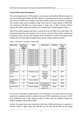 1 Current CSP Project Development the Current Development of CSP Projects Is Very Dynamic and Therefore Difficult to Assess. At