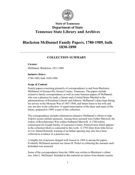 Tennessee State Library and Archives Blackston Mcdannel Family