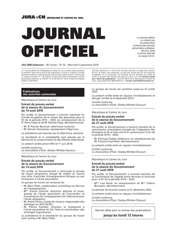 Journal Officiel De La République Et Canton Du Jura » Paraît Chaque Semaine, Tarif Des Insertions : Fr