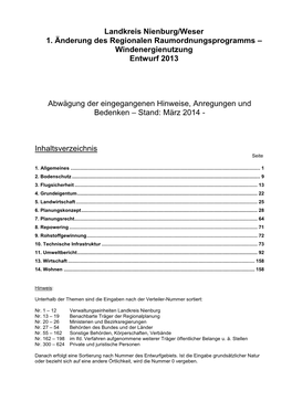 Landkreis Nienburg/Weser 1. Änderung Des Regionalen Raumordnungsprogramms – Windenergienutzung Entwurf 2013