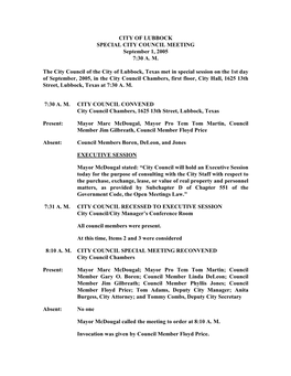 CITY of LUBBOCK SPECIAL CITY COUNCIL MEETING September 1, 2005 7:30 A