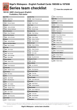 Series Team Checklist I Have the Complete Set 1961/62 A&BC Chewing Gum (English) Footballers, Plain Backs