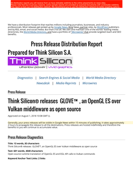 Press Release Distribution Report Prepared for Think Silicon S.A