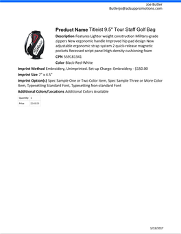 Product Name Titleist 9.5" Tour Staff Golf