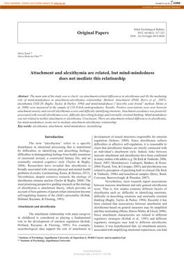 Attachment and Alexithymia Are Related, but Mind-Mindedness Does Not Mediate This Relationship