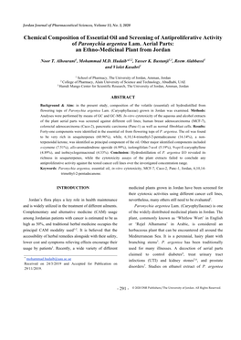 Chemical Composition of Essential Oil and Screening of Antiproliferative Activity of Paronychia Argentea Lam