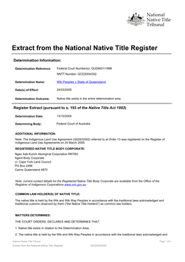 Extract from the National Native Title Register