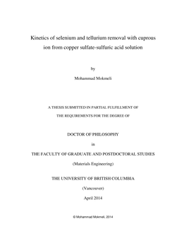 Kinetics of Selenium and Tellurium Removal with Cuprous Ion from Copper Sulfate-Sulfuric Acid Solution