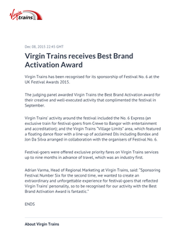 Virgin Trains Receives Best Brand Activation Award