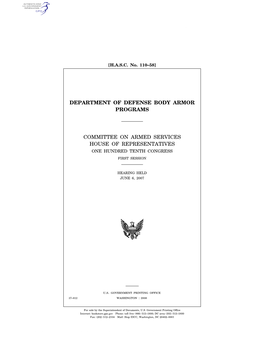 Department of Defense Body Armor Programs Committee on Armed Services House of Representatives