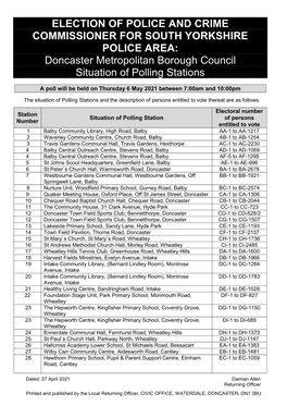 Doncaster Metropolitan Borough Council Situation of Polling Stations